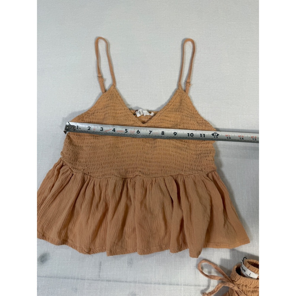 Salty Lemon Women Tan Crinkle Rayon 2 Piece Set Smocked Top Wide Leg Pants L - Picture 9 of 13